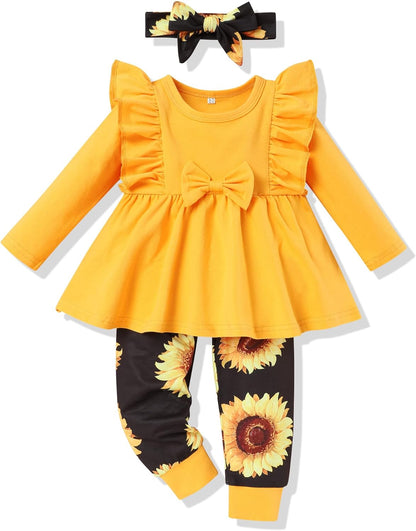 Toddler Baby Girl Outfit Set: Solid Color Ruffle Top, Floral Pants, and Adorable Headband