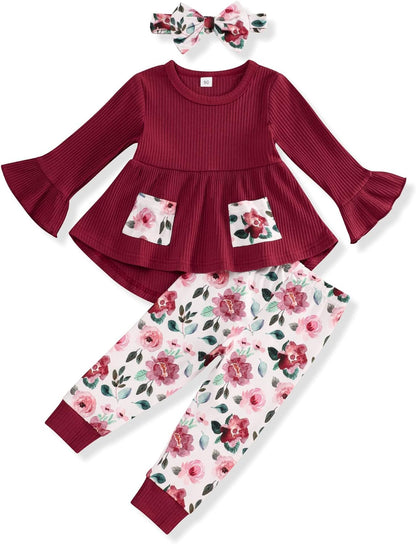 Toddler Baby Girl Outfit Set: Solid Color Ruffle Top, Floral Pants, and Adorable Headband