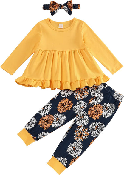 Toddler Baby Girl Outfit Set: Solid Color Ruffle Top, Floral Pants, and Adorable Headband