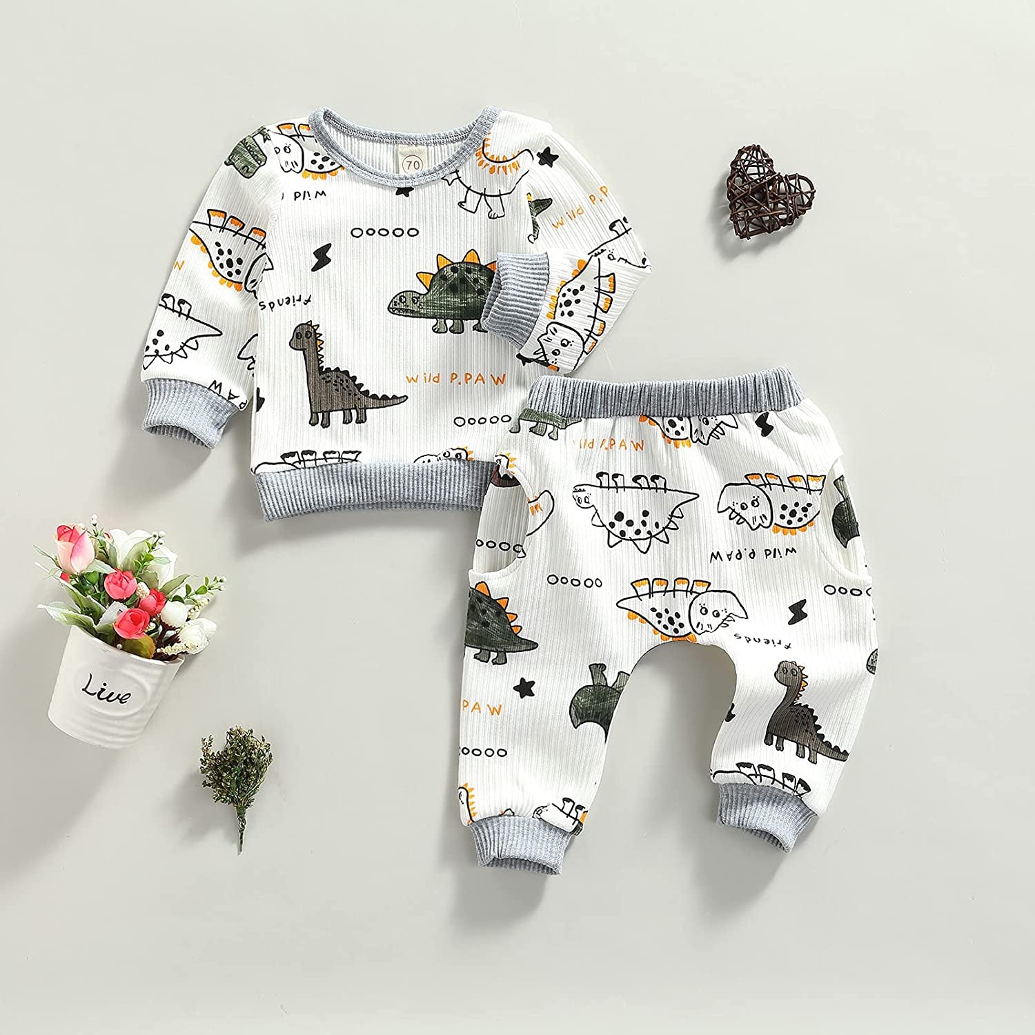 Newborn Infant Baby Boy Girls Clothes Printed Gender Neutral Long Sleeve Sweatshirts Fall Winter Pants Outfits Clothing