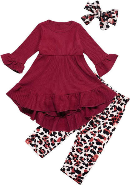 Toddler Baby Girl Outfit Set: Solid Color Ruffle Top, Floral Pants, and Adorable Headband