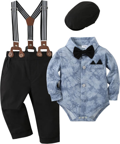 Baby Boy Clothes Set Infant Tuxedo Long Sleeve Gentleman Suit Outfits + Beret Hat + Suspender Pants + Bowtie 0-18M