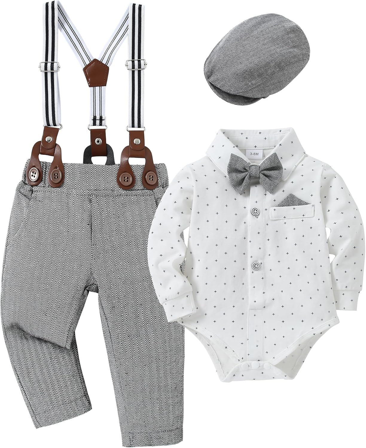 Baby Boy Clothes Set Infant Tuxedo Long Sleeve Gentleman Suit Outfits + Beret Hat + Suspender Pants + Bowtie 0-18M