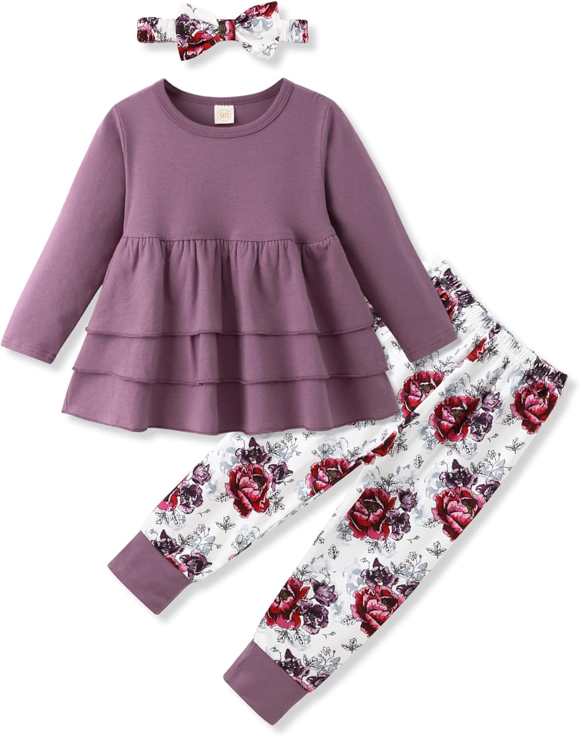 Toddler Baby Girl Outfit Set: Solid Color Ruffle Top, Floral Pants, and Adorable Headband