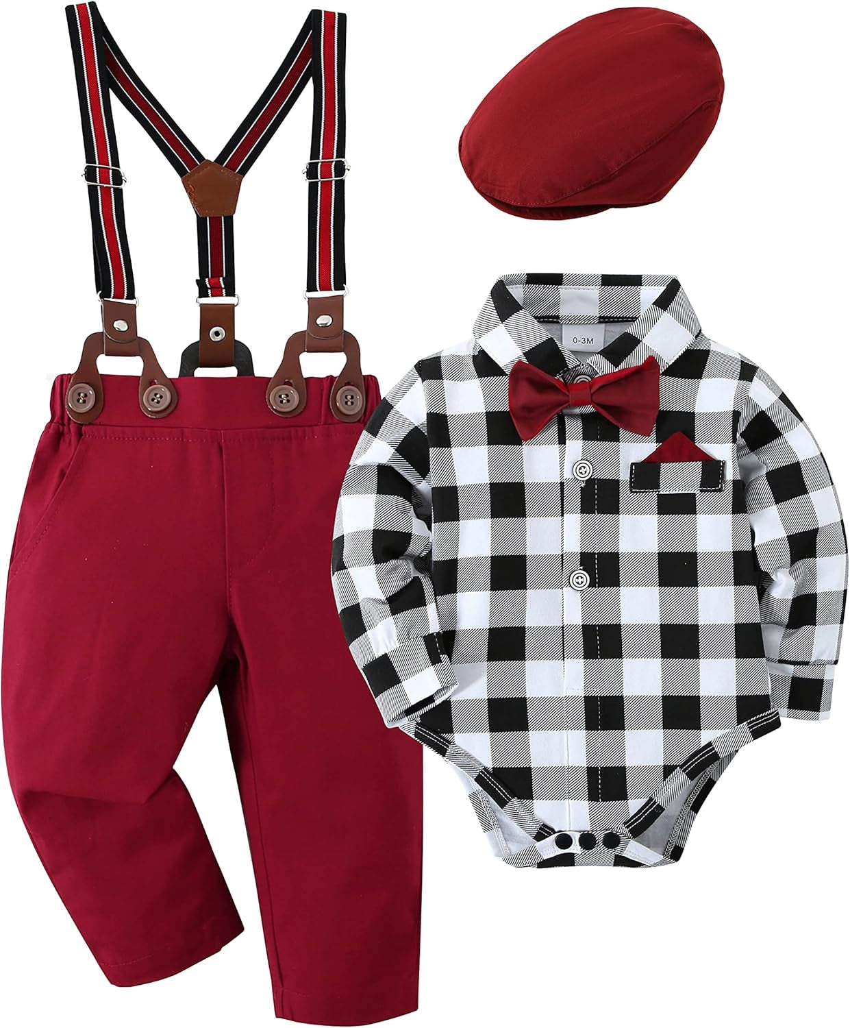 Baby Boy Clothes Set Infant Tuxedo Long Sleeve Gentleman Suit Outfits + Beret Hat + Suspender Pants + Bowtie 0-18M