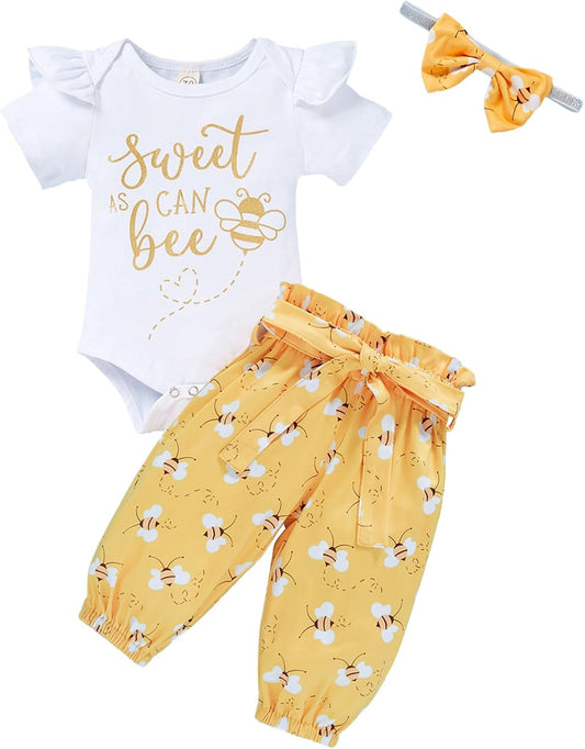 Infant Baby Girl Bumble Bee Outfit Set – Romper, Pants, and Headband