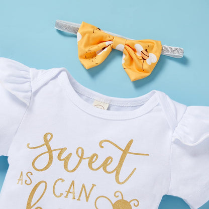 Infant Baby Girl Bumble Bee Outfit Set – Romper, Pants, and Headband