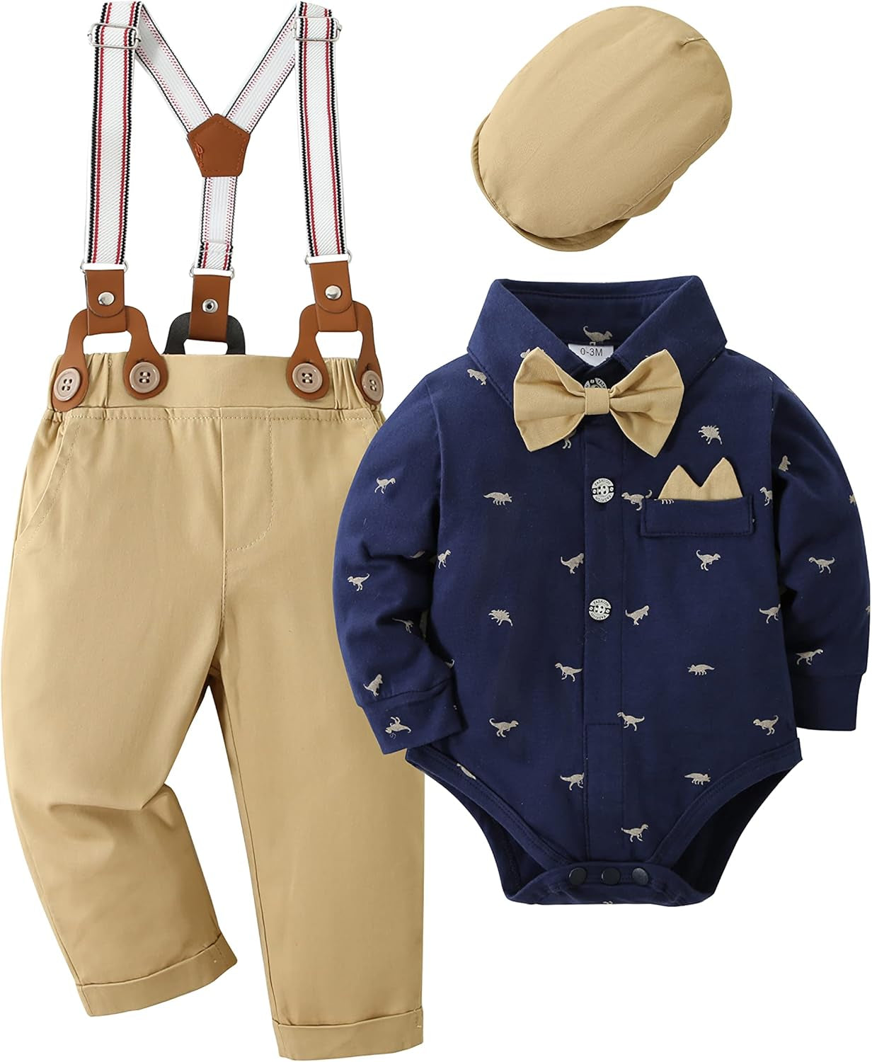 Baby Boy Clothes Set Infant Tuxedo Long Sleeve Gentleman Suit Outfits + Beret Hat + Suspender Pants + Bowtie 0-18M