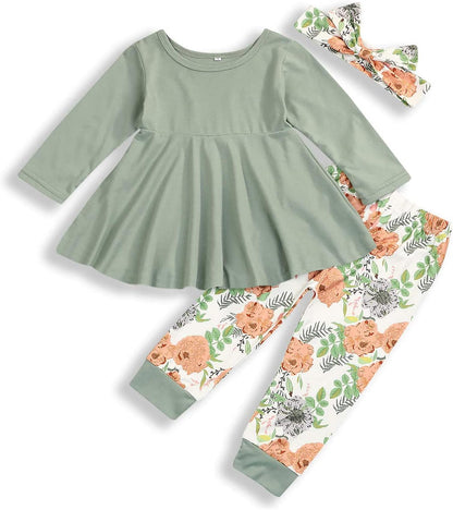 Toddler Baby Girl Outfit Set: Solid Color Ruffle Top, Floral Pants, and Adorable Headband