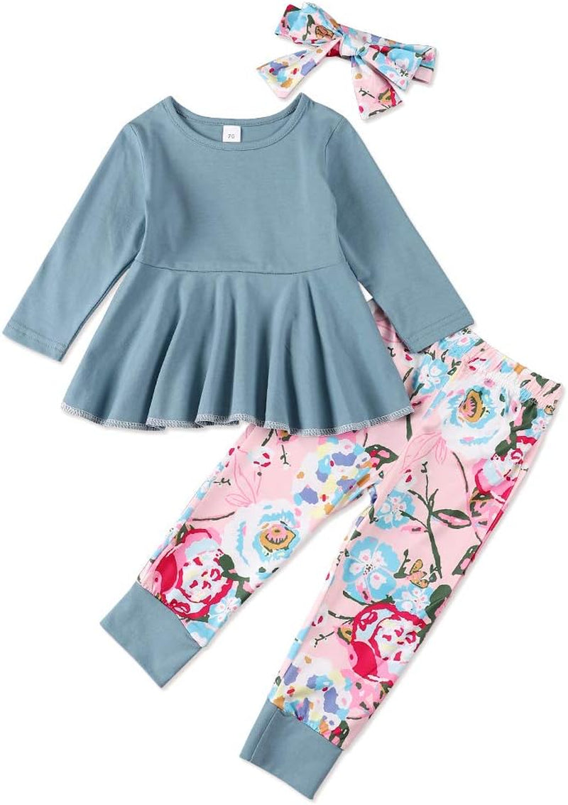 Toddler Baby Girl Outfit Set: Solid Color Ruffle Top, Floral Pants, and Adorable Headband