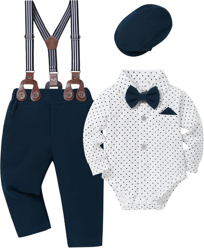 Baby Boy Clothes Set Infant Tuxedo Long Sleeve Gentleman Suit Outfits + Beret Hat + Suspender Pants + Bowtie 0-18M