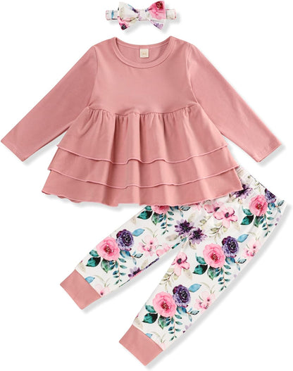 Toddler Baby Girl Outfit Set: Solid Color Ruffle Top, Floral Pants, and Adorable Headband