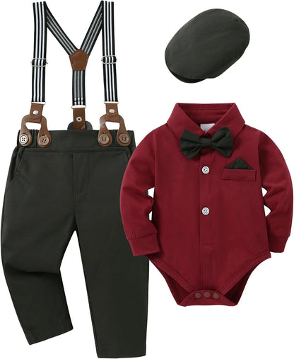 Baby Boy Clothes Set Infant Tuxedo Long Sleeve Gentleman Suit Outfits + Beret Hat + Suspender Pants + Bowtie 0-18M