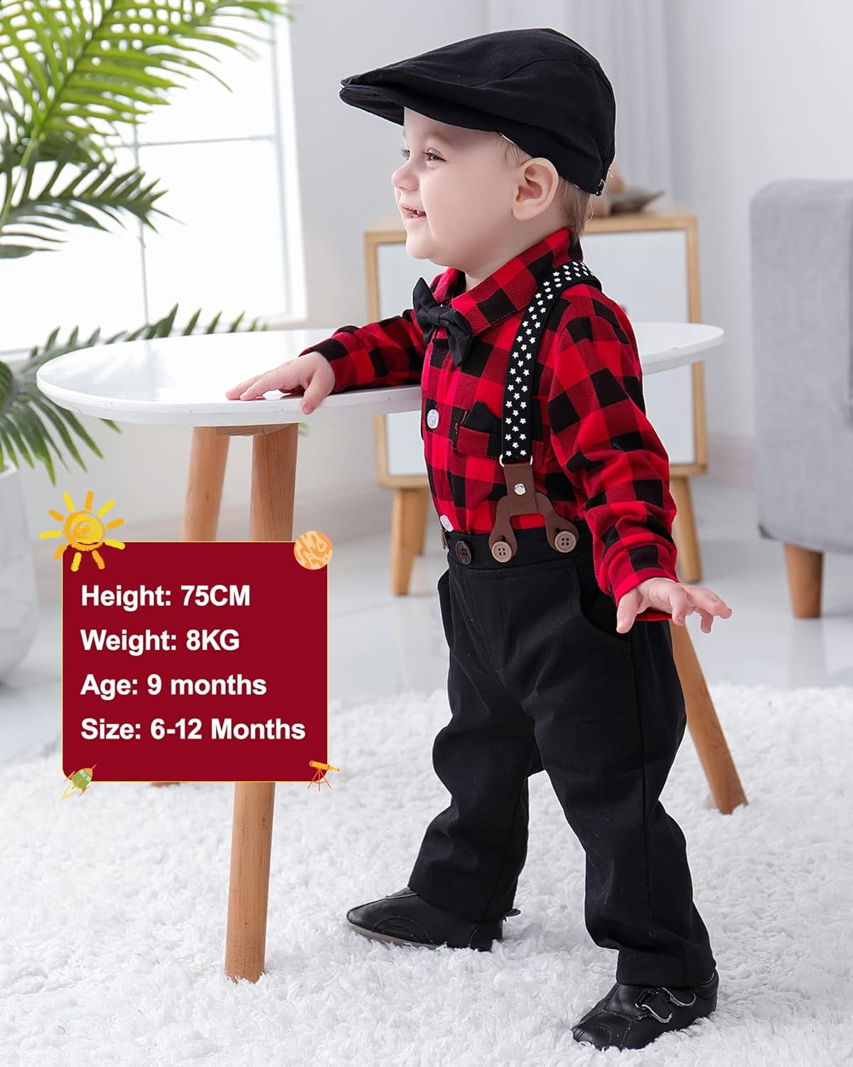 Baby Boy Clothes Set Infant Tuxedo Long Sleeve Gentleman Suit Outfits + Beret Hat + Suspender Pants + Bowtie 0-18M