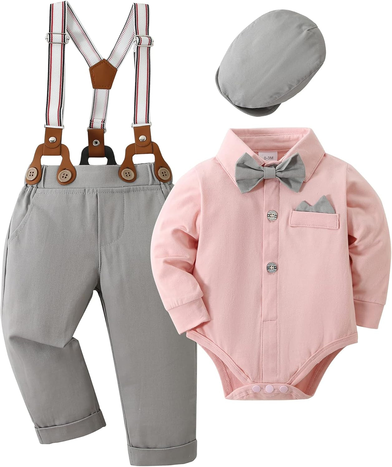 Baby Boy Clothes Set Infant Tuxedo Long Sleeve Gentleman Suit Outfits + Beret Hat + Suspender Pants + Bowtie 0-18M