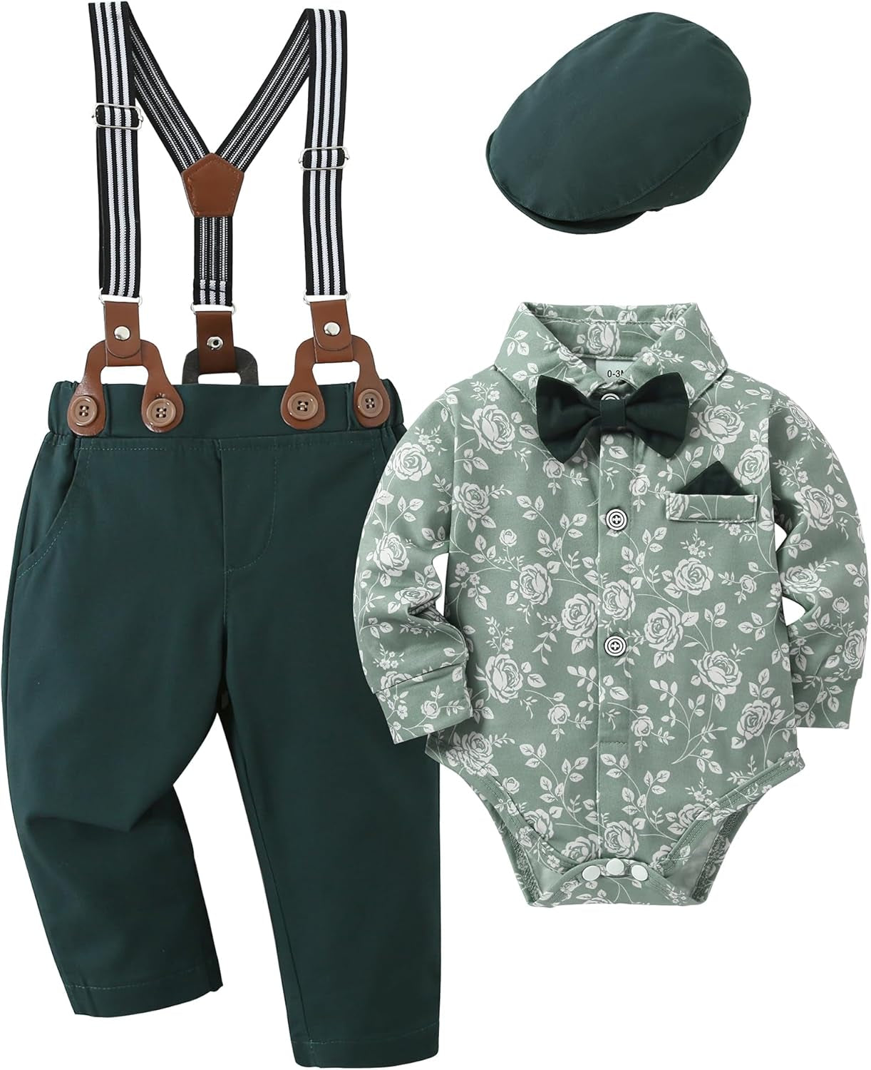 Baby Boy Clothes Set Infant Tuxedo Long Sleeve Gentleman Suit Outfits + Beret Hat + Suspender Pants + Bowtie 0-18M