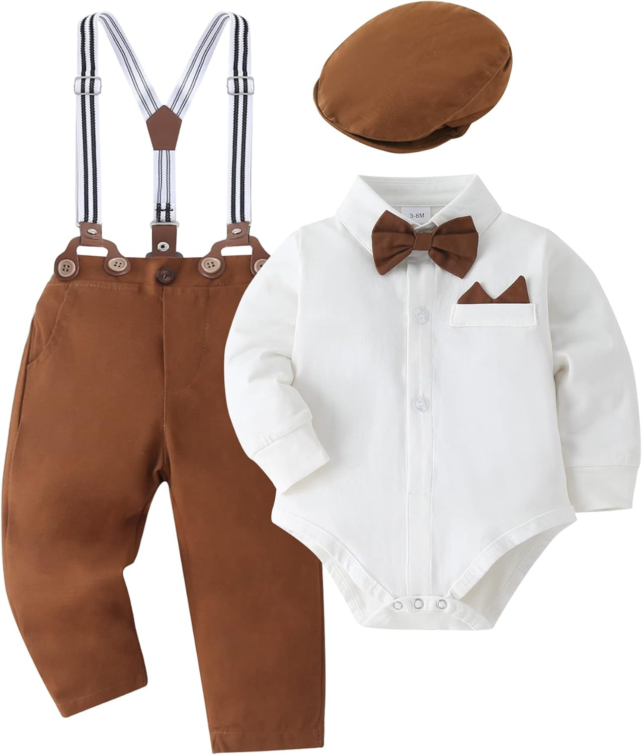 Baby Boy Clothes Set Infant Tuxedo Long Sleeve Gentleman Suit Outfits + Beret Hat + Suspender Pants + Bowtie 0-18M