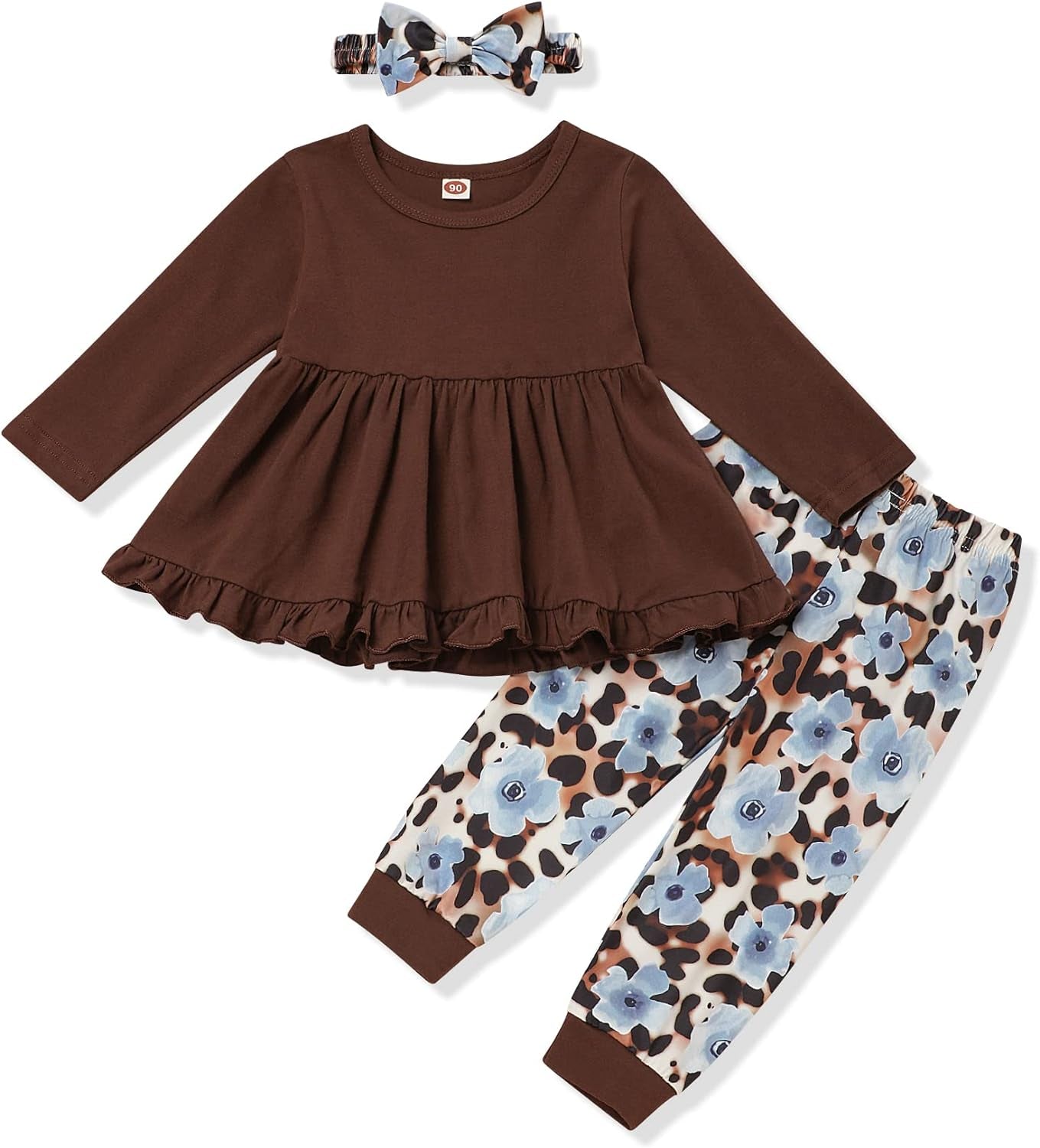 Toddler Baby Girl Outfit Set: Solid Color Ruffle Top, Floral Pants, and Adorable Headband