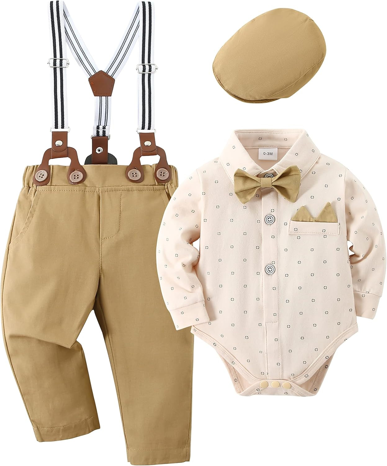 Baby Boy Clothes Set Infant Tuxedo Long Sleeve Gentleman Suit Outfits + Beret Hat + Suspender Pants + Bowtie 0-18M