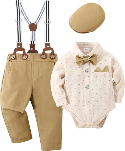 Baby Boy Clothes Set Infant Tuxedo Long Sleeve Gentleman Suit Outfits + Beret Hat + Suspender Pants + Bowtie 0-18M