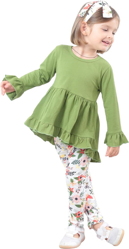 Toddler Baby Girl Outfit Set: Solid Color Ruffle Top, Floral Pants, and Adorable Headband