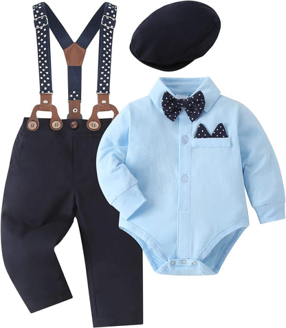 Baby Boy Clothes Set Infant Tuxedo Long Sleeve Gentleman Suit Outfits + Beret Hat + Suspender Pants + Bowtie 0-18M