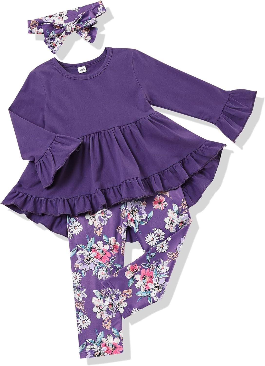 Toddler Baby Girl Outfit Set: Solid Color Ruffle Top, Floral Pants, and Adorable Headband