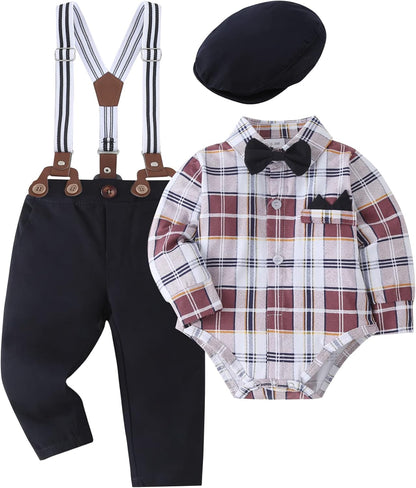 Baby Boy Clothes Set Infant Tuxedo Long Sleeve Gentleman Suit Outfits + Beret Hat + Suspender Pants + Bowtie 0-18M