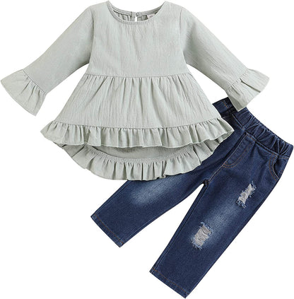 Toddler Baby Girl Outfit Set: Solid Color Ruffle Top, Floral Pants, and Adorable Headband