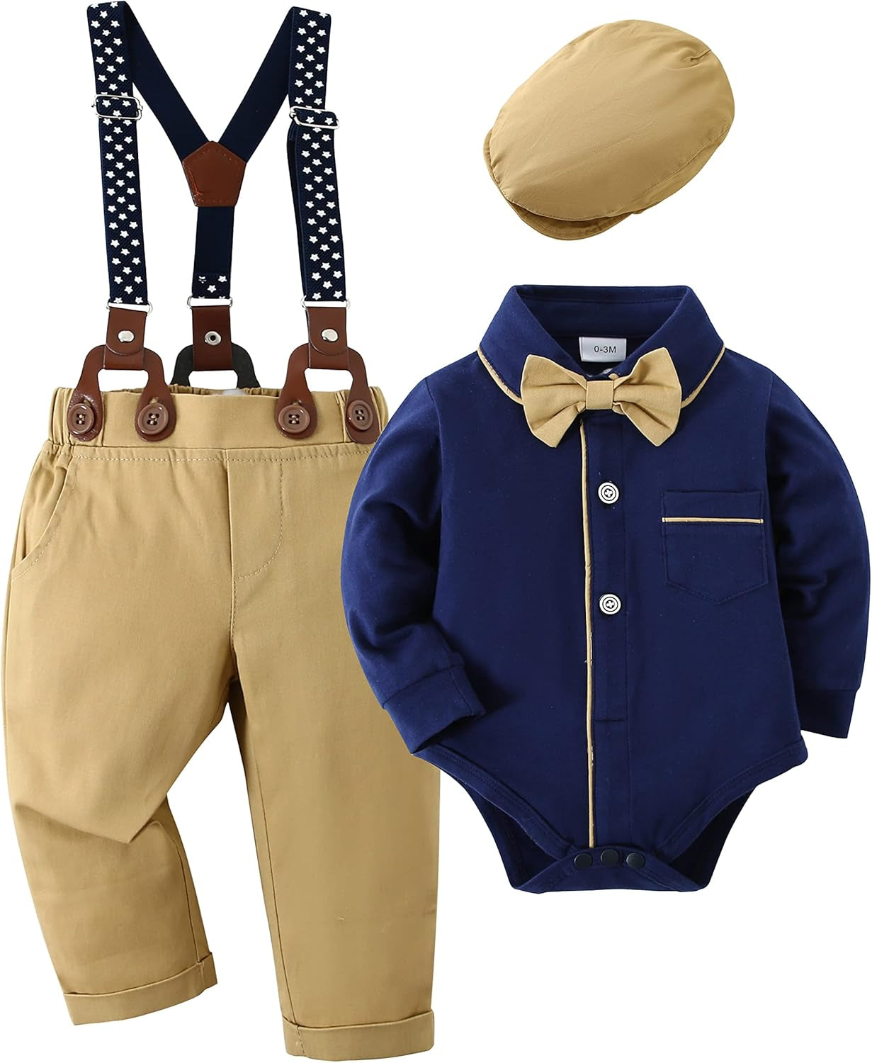 Baby Boy Clothes Set Infant Tuxedo Long Sleeve Gentleman Suit Outfits + Beret Hat + Suspender Pants + Bowtie 0-18M