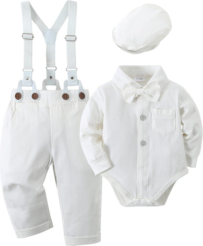 Baby Boy Clothes Set Infant Tuxedo Long Sleeve Gentleman Suit Outfits + Beret Hat + Suspender Pants + Bowtie 0-18M