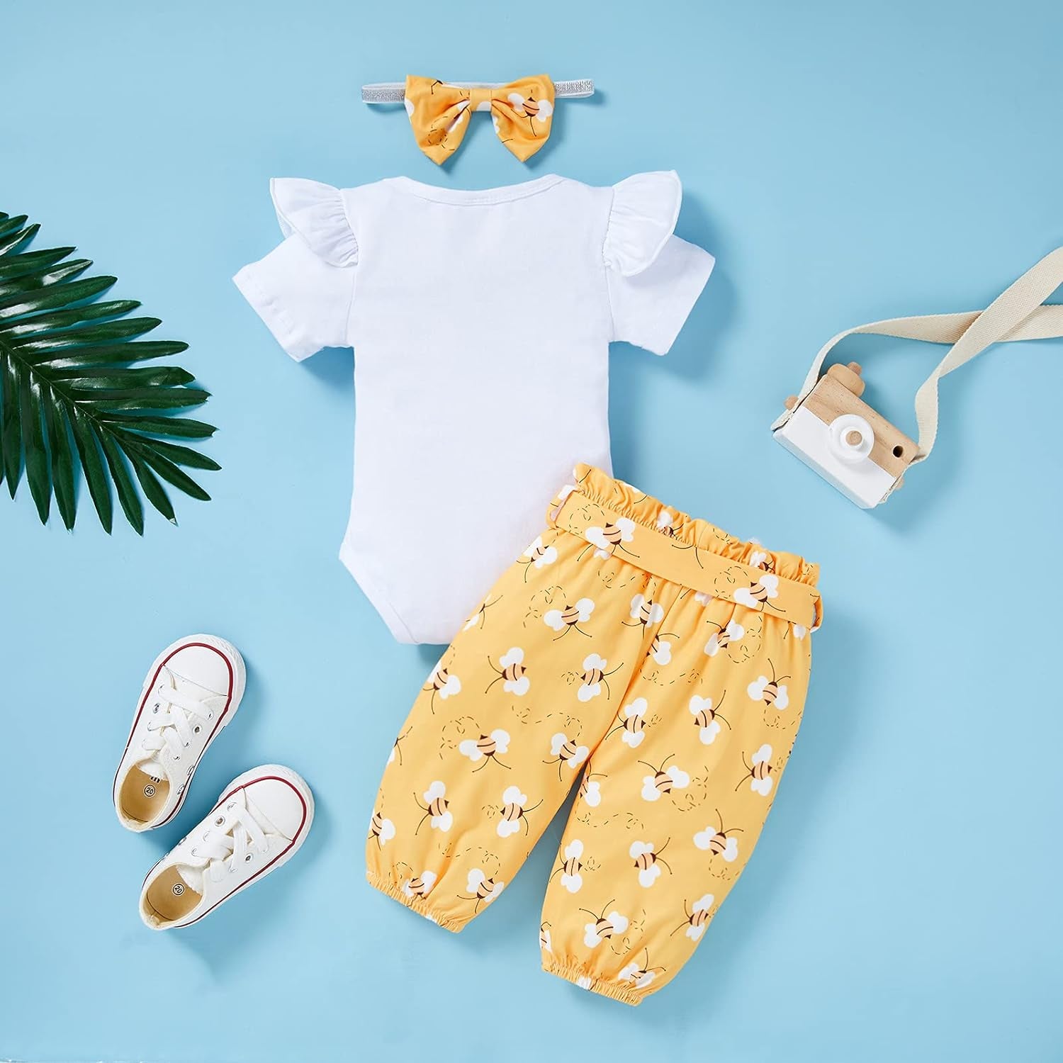 Infant Baby Girl Bumble Bee Outfit Set – Romper, Pants, and Headband